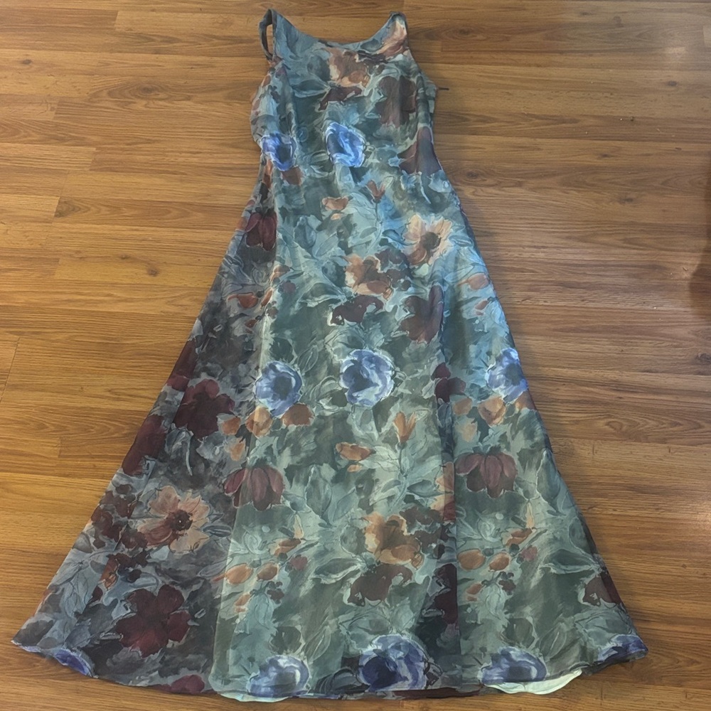 STUNNING Vintage Floral Green A-Line Maxi Dress